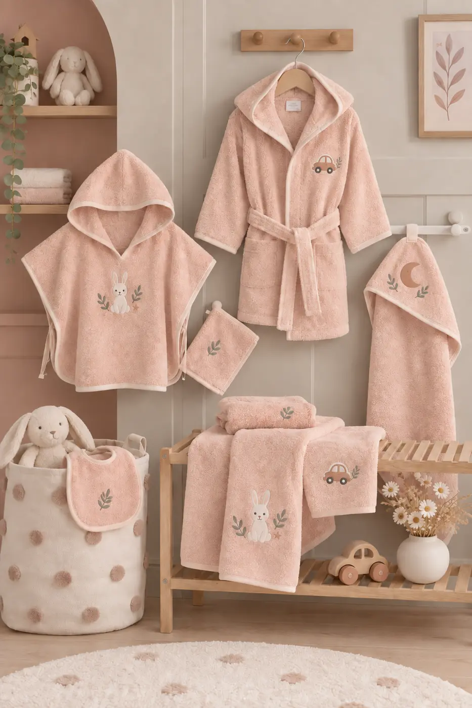 Pastel coordinated baby bath textile collection