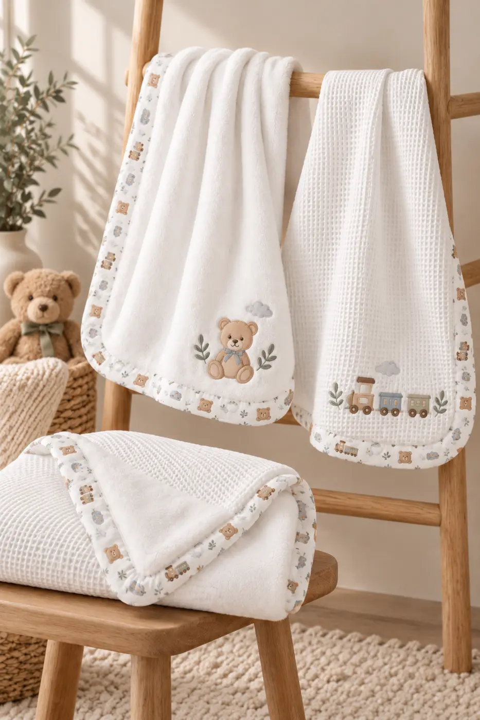 Teddy bear and train embroidered baby blankets