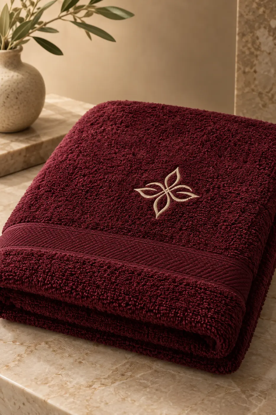 Burgundy towel with brand-neutral embroidery