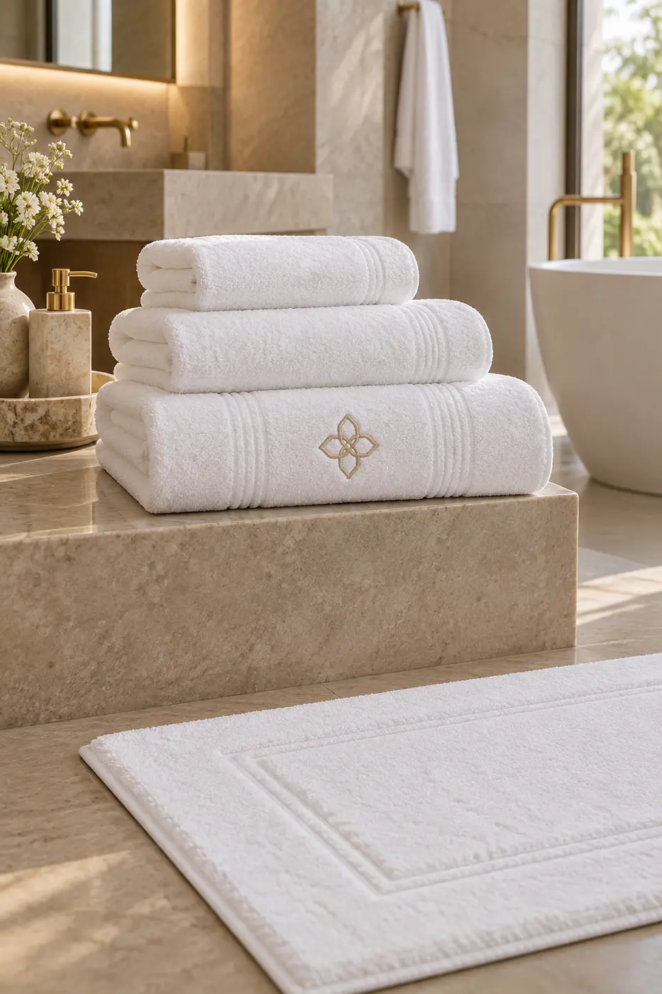 Brand-neutral embroidered hotel towel and bath mat set