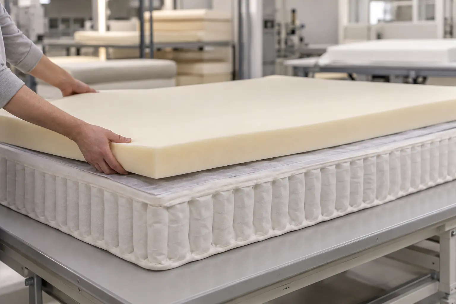 Memory foam comfort layer being applied during mattress manufacturing