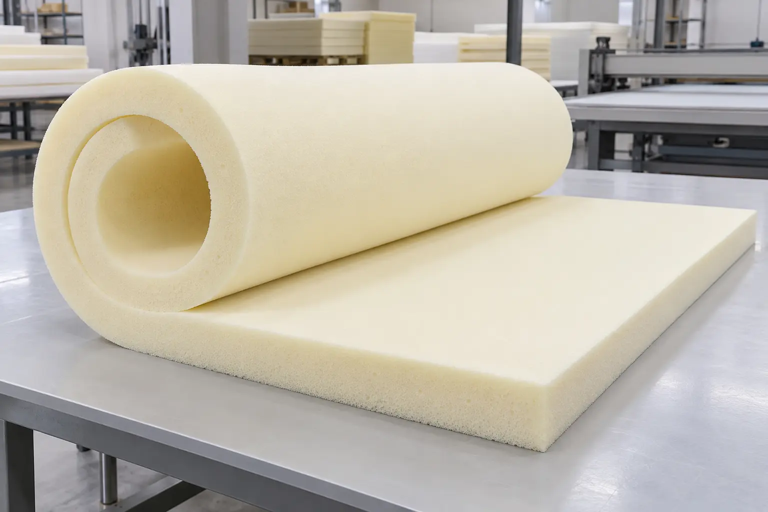 Flexible semi-finished memory foam roll for industrial cutting and converting