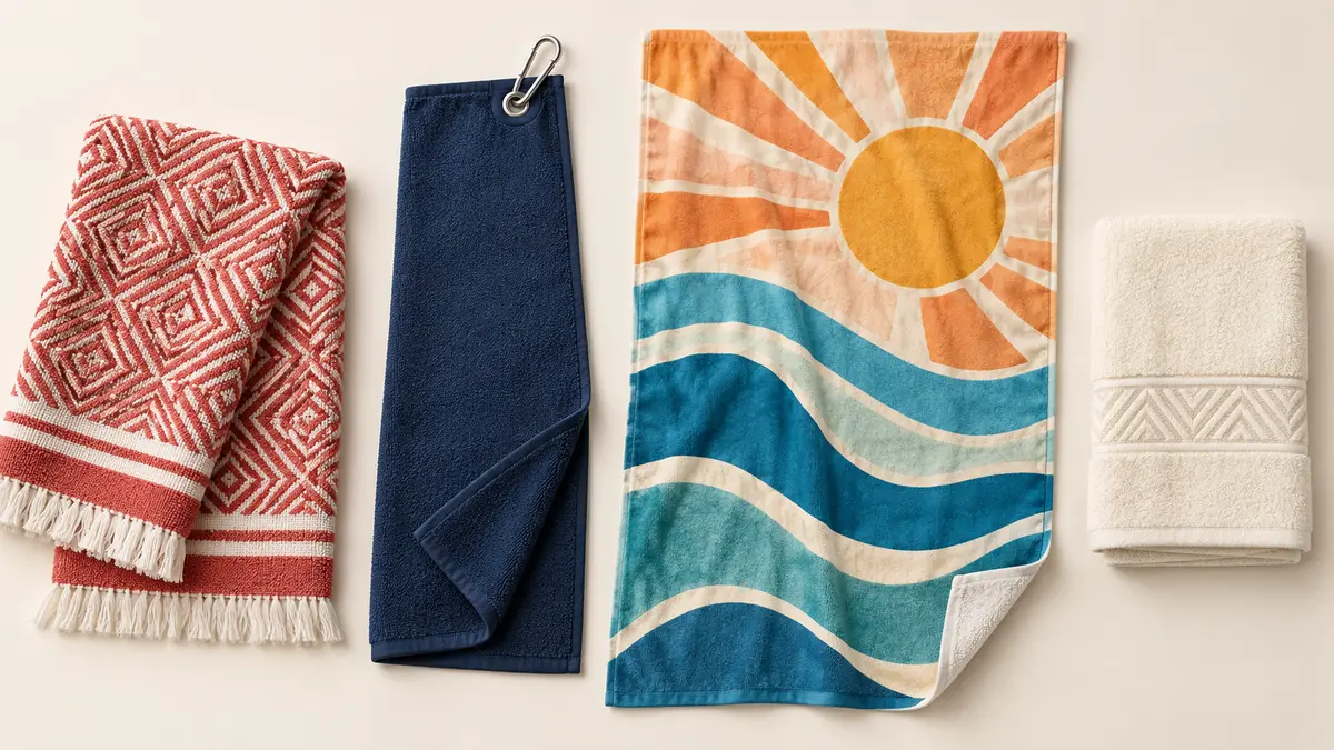 Brand-free promotional golf, yarn-dyed and digitally printed towel selection