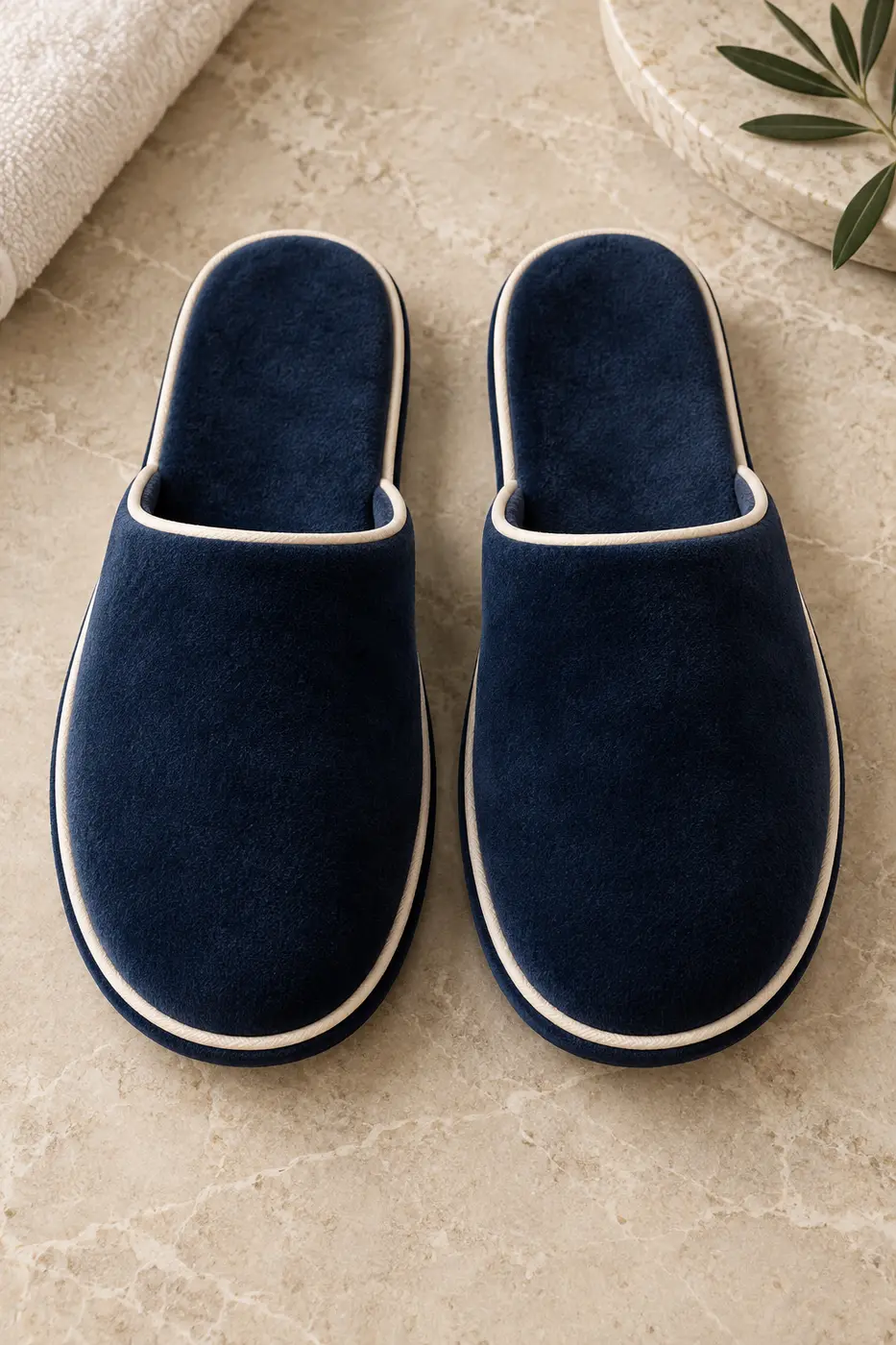 Unbranded navy hotel slippers with cream piping