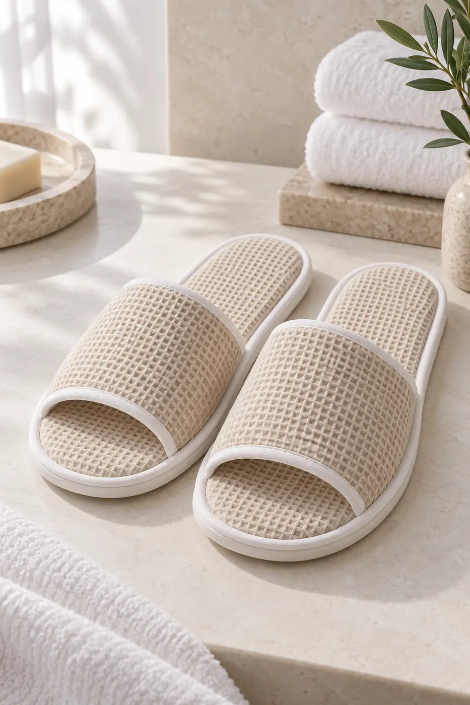 Unbranded beige waffle hotel slippers