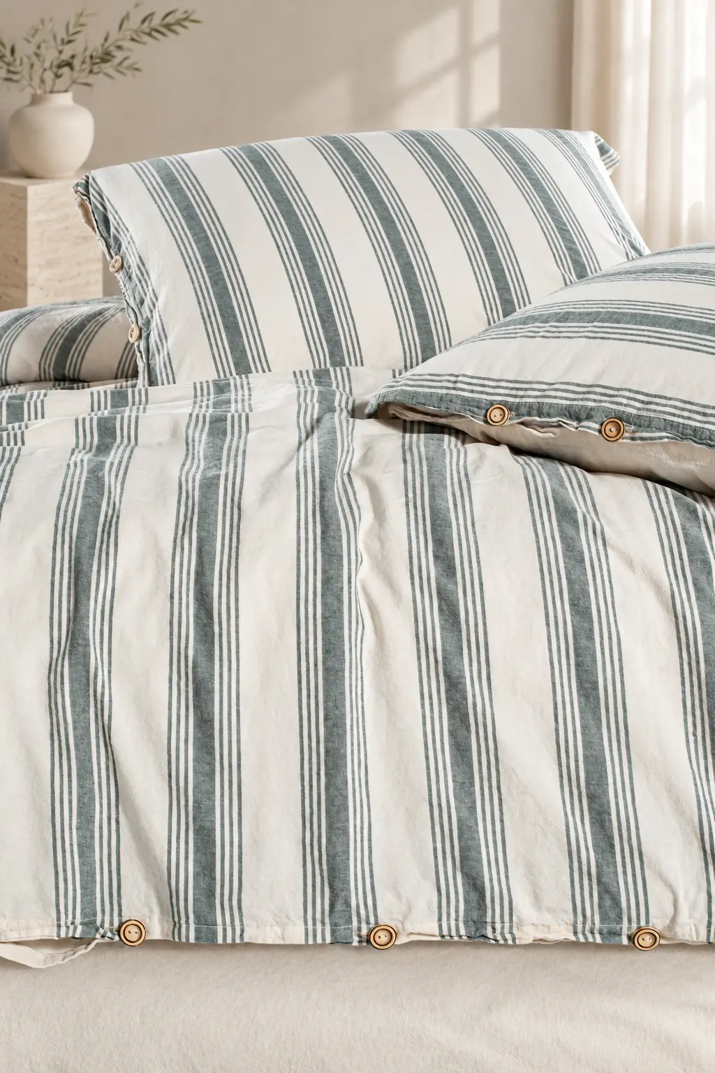 Green and ivory yarn-dyed bedding detail